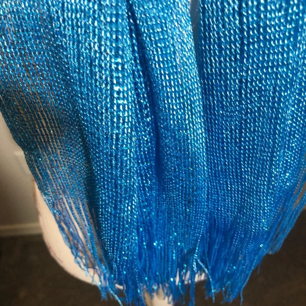 Kimberly C. Metallic Blue Fringe Scarf – Statement Evening Wrap